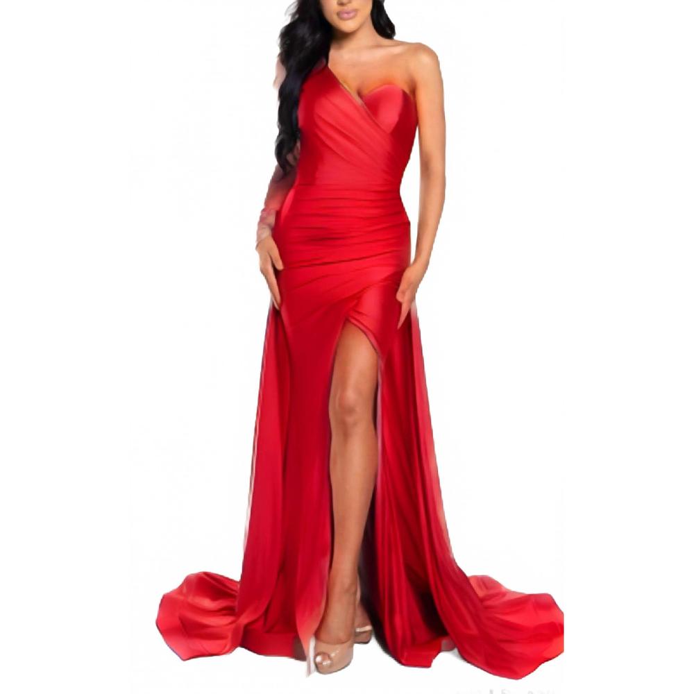 NEW JESSICA ANGEL one-shoulder long sleeve gown in dark red